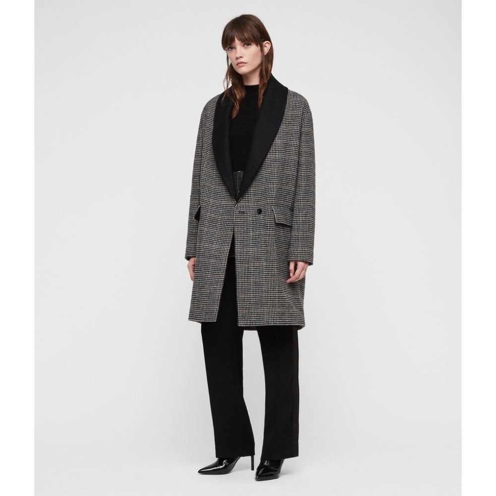 ✨NWT✨ ALLSAINTS Paige Houndstooth Check Wool Blend Coat Black Brown Sz SMALL